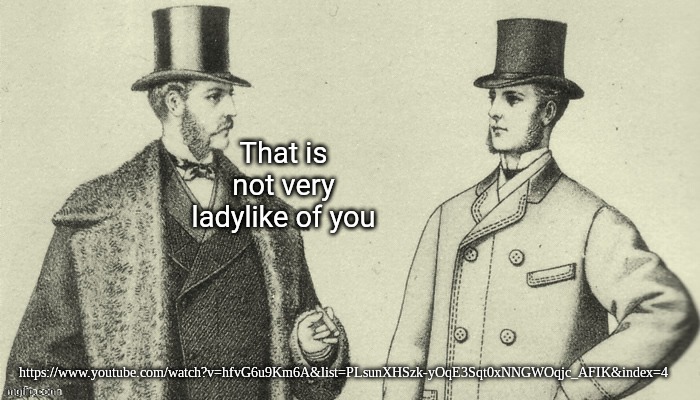That is not very ladylike of you | https://www.youtube.com/watch?v=hfvG6u9Km6A&list=PLsunXHSzk-yOqE3Sqt0xNNGWOqjc_AFIK&index=4 | image tagged in that is not very ladylike of you | made w/ Imgflip meme maker