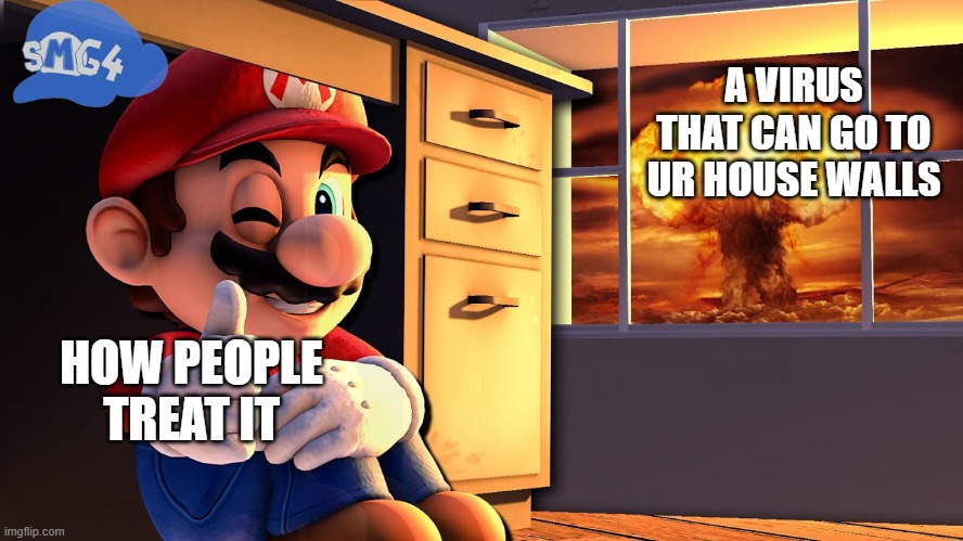 new virus | A VIRUS THAT CAN GO TO UR HOUSE WALLS; HOW PEOPLE TREAT IT | image tagged in smg4 mario hides from the explosion | made w/ Imgflip meme maker