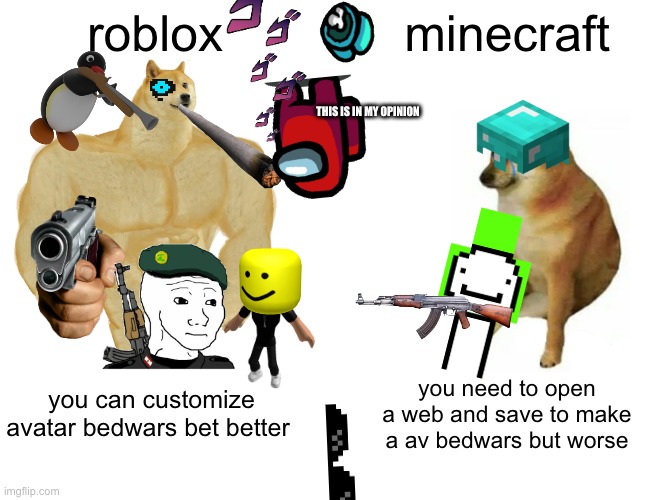 random roblox vs minecraft | minecraft; roblox; THIS IS IN MY OPINION; you can customize avatar bedwars bet better; you need to open a web and save to make a av bedwars but worse | image tagged in memes,buff doge vs cheems | made w/ Imgflip meme maker