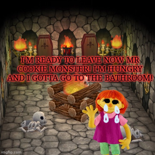 Animal crossing basement | I'M READY TO LEAVE NOW MR COOKIE MONSTER! I'M HUNGRY AND I GOTTA GO TO THE BATHROOM! | image tagged in animal crossing basement | made w/ Imgflip meme maker