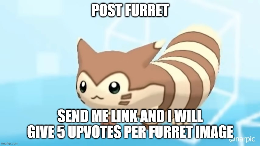 You post Furret, I give upvotes | POST FURRET; SEND ME LINK AND I WILL GIVE 5 UPVOTES PER FURRET IMAGE | image tagged in furret walcc | made w/ Imgflip meme maker