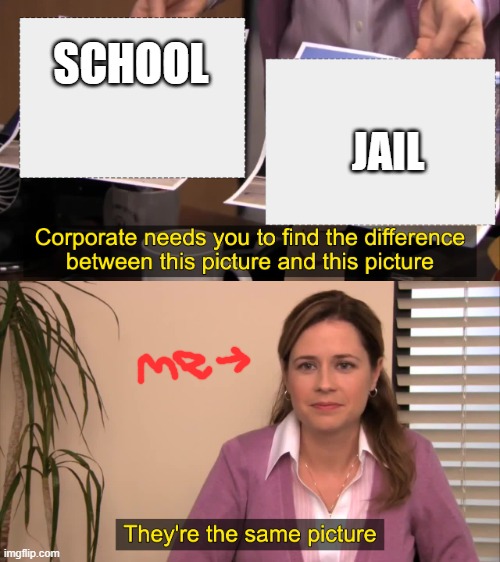 Totally true | SCHOOL; JAIL | image tagged in there the same picture | made w/ Imgflip meme maker
