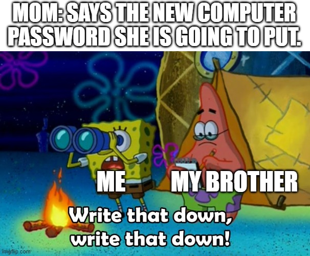 write that down | MOM: SAYS THE NEW COMPUTER PASSWORD SHE IS GOING TO PUT. MY BROTHER; ME | image tagged in write that down | made w/ Imgflip meme maker