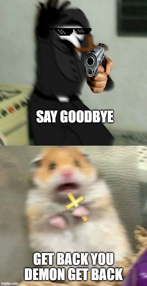 demons could be more worse than humans | SAY GOODBYE; GET BACK YOU DEMON GET BACK | image tagged in scared hamster with cross | made w/ Imgflip meme maker