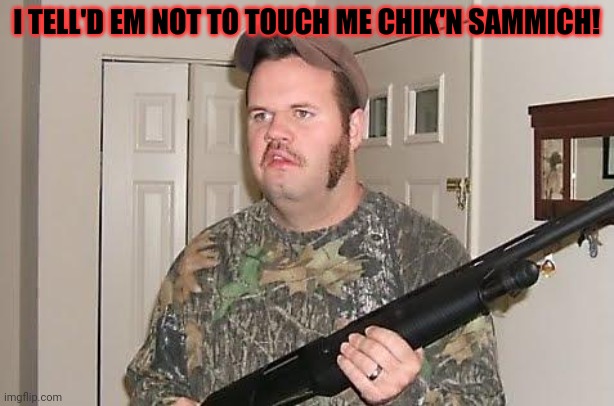Redneck wonder | I TELL'D EM NOT TO TOUCH ME CHIK'N SAMMICH! | image tagged in redneck wonder | made w/ Imgflip meme maker