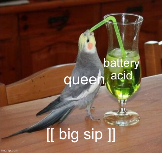 lol | battery acid; queen; [[ big sip ]] | image tagged in diy unsee juice meme | made w/ Imgflip meme maker