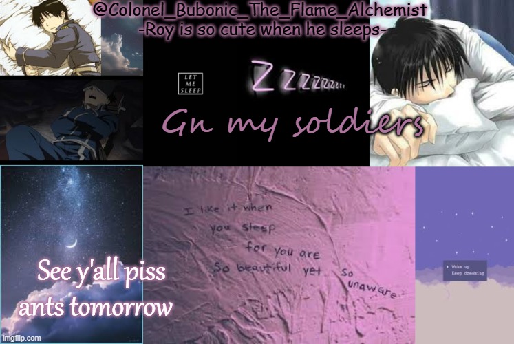 Sleepy Roy tempo | Gn my soldiers; See y'all piss ants tomorrow | image tagged in sleepy roy tempo | made w/ Imgflip meme maker