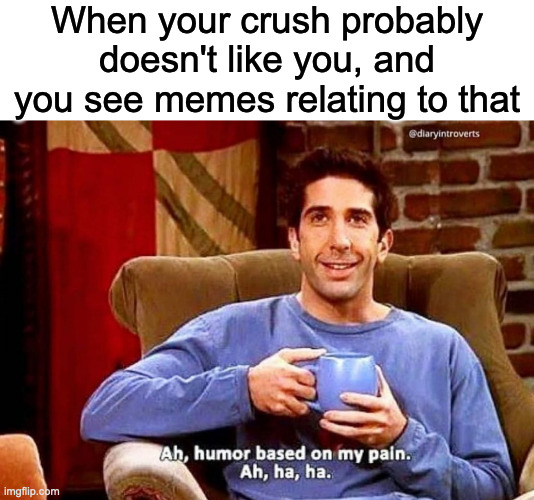 At least I'm not alone hahahahaha | When your crush probably doesn't like you, and you see memes relating to that | image tagged in ah humor based on my pain | made w/ Imgflip meme maker
