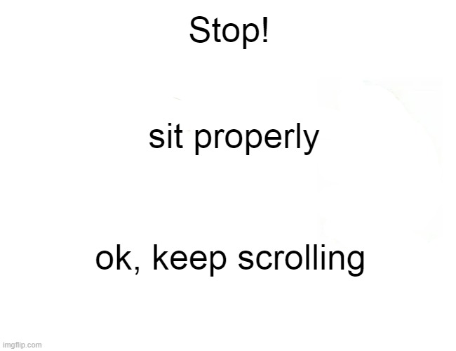 idk | Stop! sit properly; ok, keep scrolling | image tagged in memes,sit down,keep scrolling,oh wow are you actually reading these tags | made w/ Imgflip meme maker