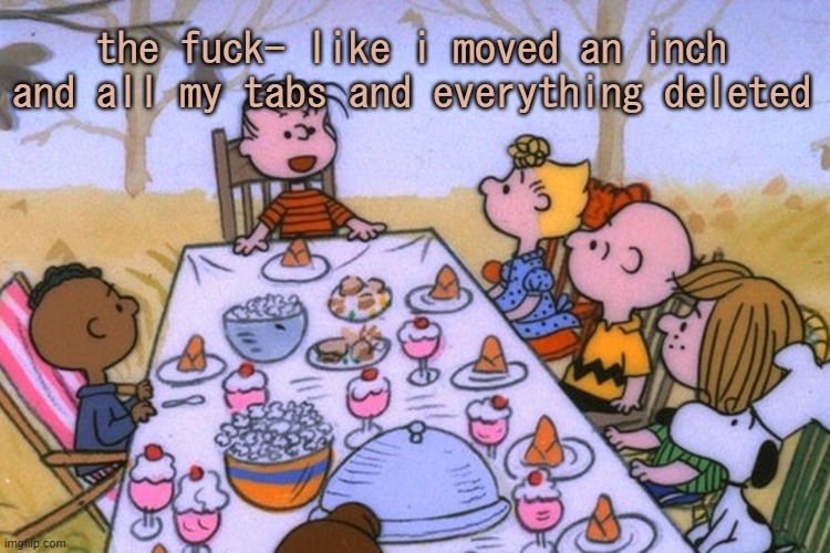 im too tired for this | the fuck- like i moved an inch and all my tabs and everything deleted | image tagged in breads thanksgiving/birthday temp | made w/ Imgflip meme maker
