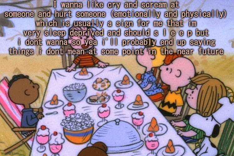 just fyi | I wanna like cry and scream at someone and hurt someone (emotionally and physically) which is usually a sign for me that im very sleep deprived and should s l e e p but i dont wanna so yea i'll probably end up saying things i dont mean at some point in the near future | image tagged in breads thanksgiving/birthday temp | made w/ Imgflip meme maker