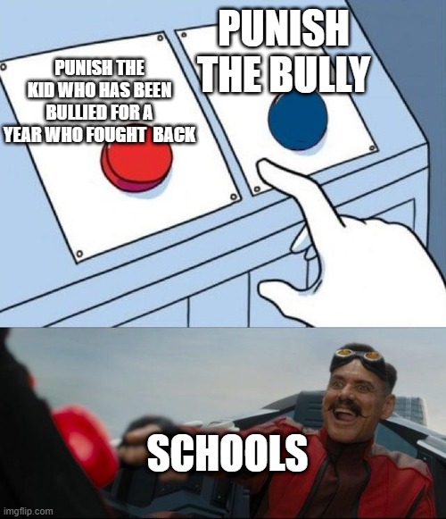 schools are dum | PUNISH THE BULLY; PUNISH THE KID WHO HAS BEEN BULLIED FOR A YEAR WHO FOUGHT  BACK; SCHOOLS | image tagged in sonic button decision | made w/ Imgflip meme maker