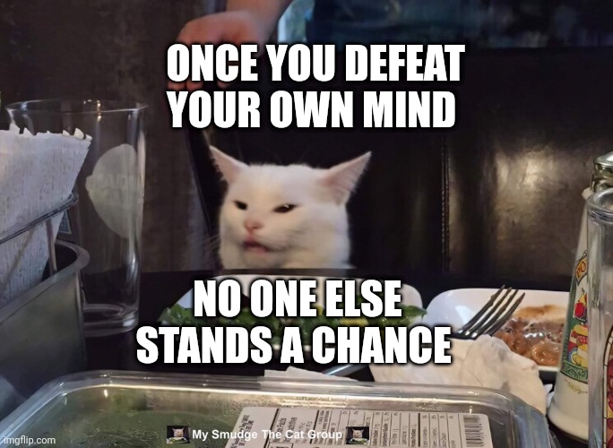 ONCE YOU DEFEAT YOUR OWN MIND; NO ONE ELSE STANDS A CHANCE | image tagged in smudge the cat | made w/ Imgflip meme maker