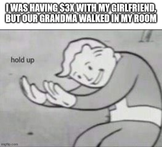 SWEET HOME ALA- | I WAS HAVING $3X WITH MY GIRLFRIEND,
BUT OUR GRANDMA WALKED IN MY ROOM | image tagged in fallout hold up | made w/ Imgflip meme maker