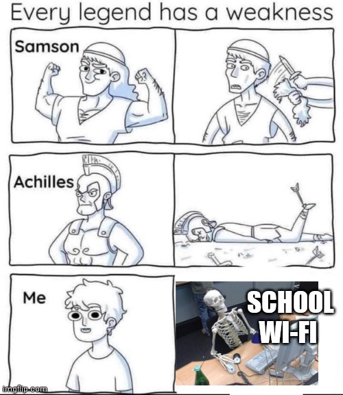 Can anyone relate? |  SCHOOL WI-FI | image tagged in every legend has a weakness,school wifi,school meme,relatable | made w/ Imgflip meme maker