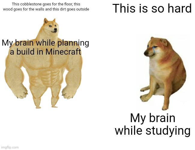 Relatable | This cobblestone goes for the floor, this wood goes for the walls and this dirt goes outside; This is so hard; My brain while planning a build in Minecraft; My brain while studying | image tagged in memes,buff doge vs cheems | made w/ Imgflip meme maker