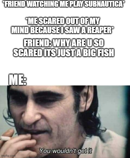 *FRIEND WATCHING ME PLAY SUBNAUTICA*; *ME SCARED OUT OF MY MIND BECAUSE I SAW A REAPER*; FRIEND: WHY ARE U SO SCARED ITS JUST A BIG FISH; ME: | image tagged in you wouldn't get it,memes,subnautica,reaper,scary | made w/ Imgflip meme maker