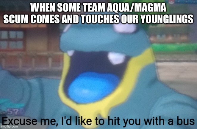 Excuse me I'd like to hit you with a bus | WHEN SOME TEAM AQUA/MAGMA SCUM COMES AND TOUCHES OUR YOUNGLINGS | image tagged in excuse me i'd like to hit you with a bus | made w/ Imgflip meme maker