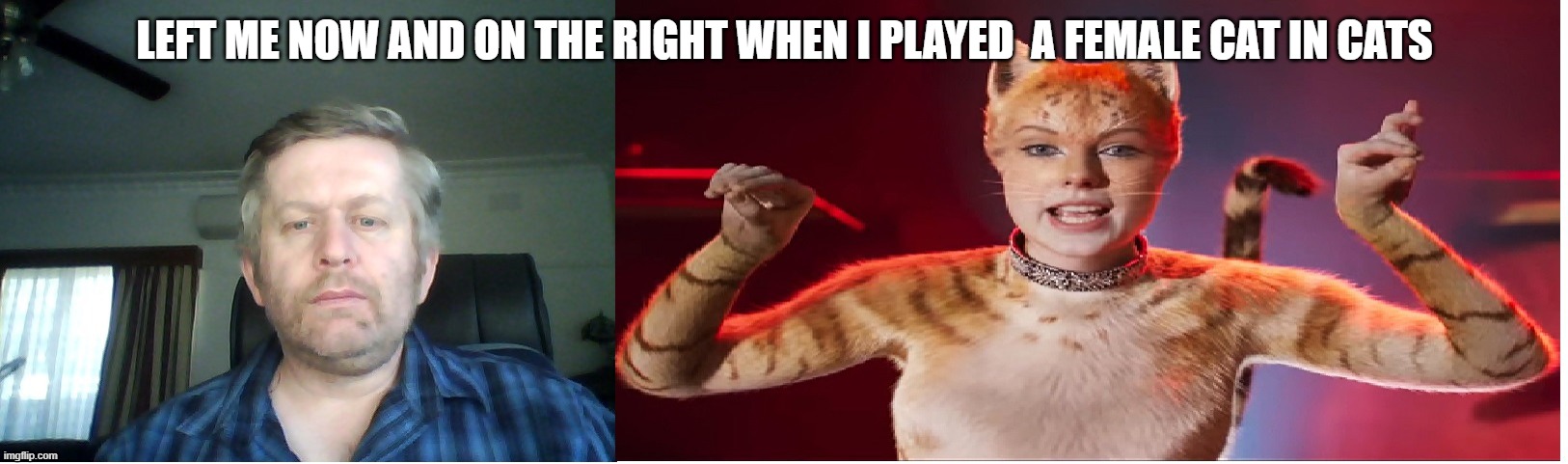 Andrew Taylor | LEFT ME NOW AND ON THE RIGHT WHEN I PLAYED  A FEMALE CAT IN CATS | image tagged in andrew taylor and as a cat on cats | made w/ Imgflip meme maker