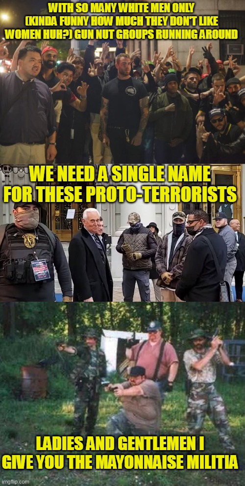 Credit Trae Crowder for the name. His videos should be a must watch | WITH SO MANY WHITE MEN ONLY (KINDA FUNNY HOW MUCH THEY DON'T LIKE WOMEN HUH?) GUN NUT GROUPS RUNNING AROUND; WE NEED A SINGLE NAME FOR THESE PROTO-TERRORISTS; LADIES AND GENTLEMEN I GIVE YOU THE MAYONNAISE MILITIA | image tagged in proud boys,roger stone oathkeepers,redneck militia | made w/ Imgflip meme maker
