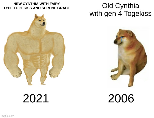 Buff Doge vs. Cheems Meme | NEW CYNTHIA WITH FAIRY TYPE TOGEKISS AND SERENE GRACE; Old Cynthia with gen 4 Togekiss; 2021; 2006 | image tagged in memes,buff doge vs cheems | made w/ Imgflip meme maker