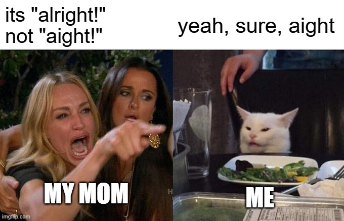 Woman Yelling At Cat | its "alright!" not "aight!"; yeah, sure, aight; MY MOM; ME | image tagged in memes,woman yelling at cat | made w/ Imgflip meme maker