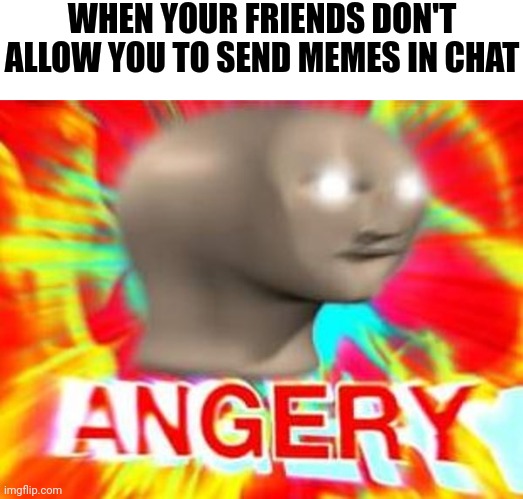Lemme send memes | WHEN YOUR FRIENDS DON'T ALLOW YOU TO SEND MEMES IN CHAT | image tagged in surreal angery,meme man,angery,funny memes | made w/ Imgflip meme maker