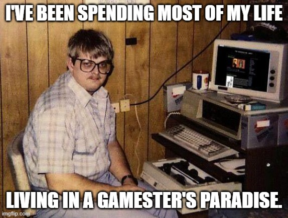 computer nerd |  I'VE BEEN SPENDING MOST OF MY LIFE; LIVING IN A GAMESTER'S PARADISE. | image tagged in computer nerd | made w/ Imgflip meme maker