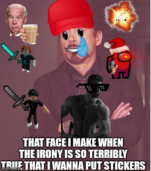 Face You Make Robert Downey Jr Meme | THAT FACE I MAKE WHEN THE IRONY IS SO TERRIBLY TRUE THAT I WANNA PUT STICKERS | image tagged in memes,face you make robert downey jr | made w/ Imgflip meme maker