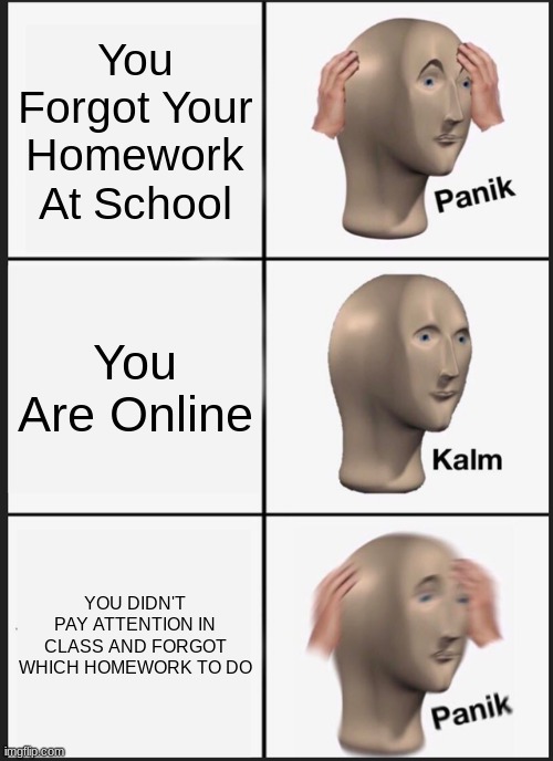 Panik Kalm Panik | You Forgot Your Homework At School; You Are Online; YOU DIDN'T PAY ATTENTION IN CLASS AND FORGOT WHICH HOMEWORK TO DO | image tagged in memes,panik kalm panik | made w/ Imgflip meme maker