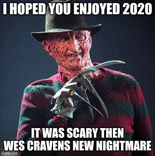 Freddy Krueger | I HOPED YOU ENJOYED 2020; IT WAS SCARY THEN WES CRAVENS NEW NIGHTMARE | image tagged in freddy krueger | made w/ Imgflip meme maker