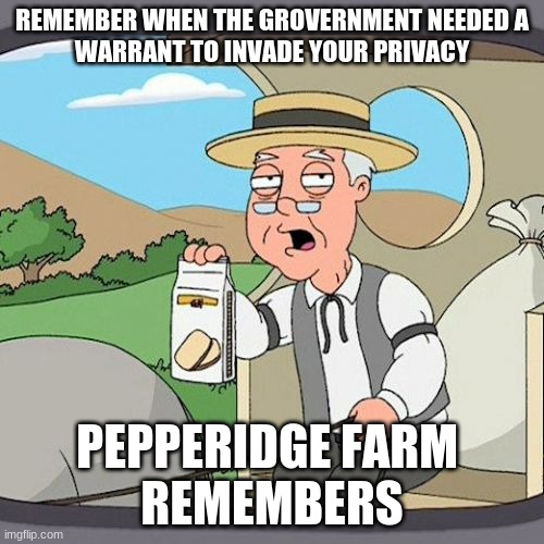 Pepperidge Farm Remembers Meme | REMEMBER WHEN THE GROVERNMENT NEEDED A
WARRANT TO INVADE YOUR PRIVACY; PEPPERIDGE FARM 
REMEMBERS | image tagged in memes,pepperidge farm remembers | made w/ Imgflip meme maker