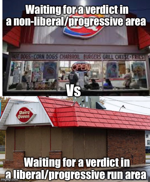 Gotta get the looting in before Christmas | Waiting for a verdict in a non-liberal/progressive area; Vs; Waiting for a verdict in a liberal/progressive run area | image tagged in politics lol,memes,liberal logic | made w/ Imgflip meme maker