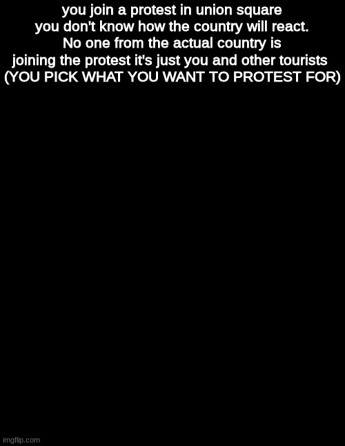 WWYD | you join a protest in union square
you don't know how the country will react. No one from the actual country is joining the protest it's just you and other tourists 
(YOU PICK WHAT YOU WANT TO PROTEST FOR) | image tagged in blank black,roleplaying | made w/ Imgflip meme maker