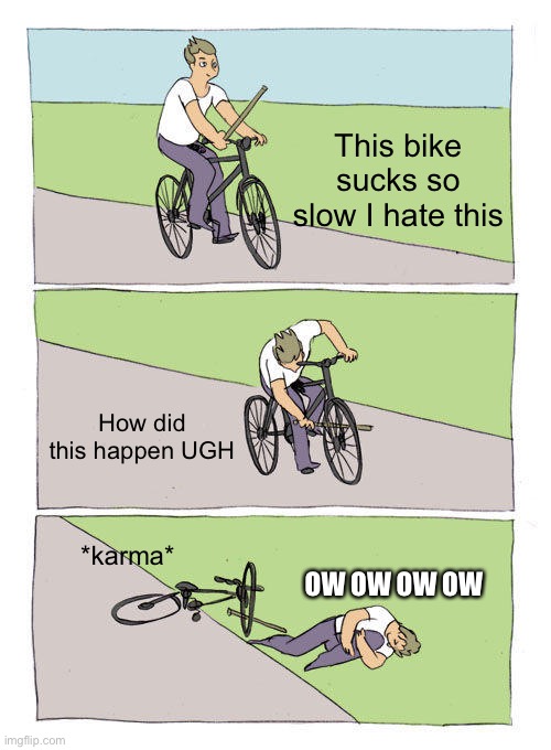 Karma meme | This bike sucks so slow I hate this; How did this happen UGH; *karma*; OW OW OW OW | image tagged in memes,bike fall | made w/ Imgflip meme maker
