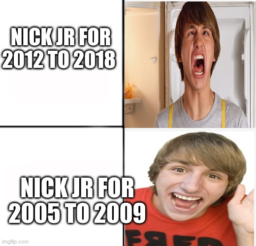 Fred Thanks for nick jr 2012 to 2018 and nick jr for 2005 | NICK JR FOR 2012 TO 2018; NICK JR FOR 2005 TO 2009 | image tagged in fred figglehorn blank template,fred,nick jr,memes | made w/ Imgflip meme maker