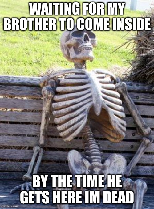 Waiting Skeleton | WAITING FOR MY BROTHER TO COME INSIDE; BY THE TIME HE GETS HERE IM DEAD | image tagged in memes,waiting skeleton | made w/ Imgflip meme maker