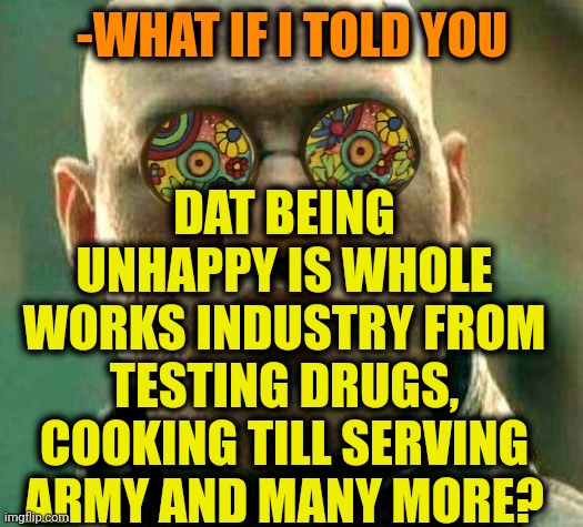 -Gloomy smile. | DAT BEING UNHAPPY IS WHOLE WORKS INDUSTRY FROM TESTING DRUGS, COOKING TILL SERVING ARMY AND MANY MORE? -WHAT IF I TOLD YOU | image tagged in acid kicks in morpheus,happy,not funny,work sucks,industrial,what if i told you | made w/ Imgflip meme maker