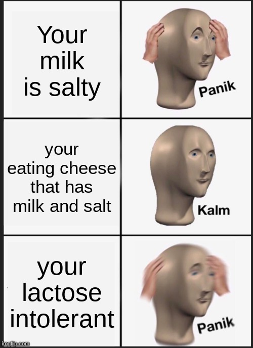lol | Your milk is salty; your eating cheese that has milk and salt; your lactose intolerant | image tagged in memes,panik kalm panik | made w/ Imgflip meme maker