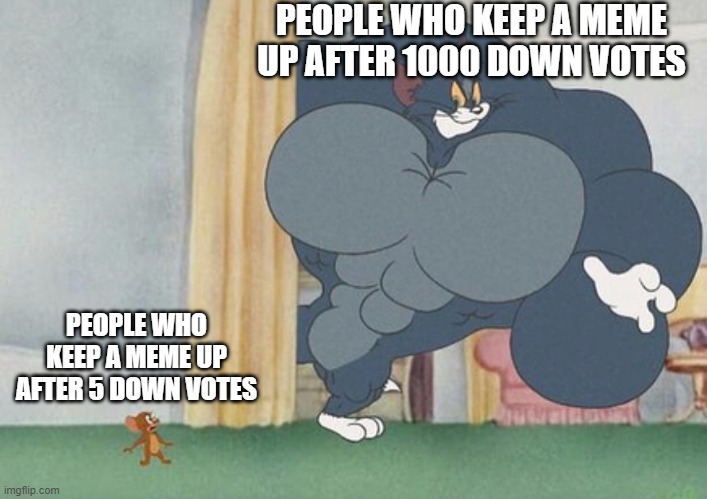 tom and jerry | PEOPLE WHO KEEP A MEME UP AFTER 1000 DOWN VOTES; PEOPLE WHO KEEP A MEME UP AFTER 5 DOWN VOTES | image tagged in tom and jerry | made w/ Imgflip meme maker