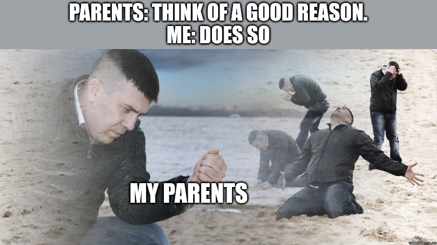 Guy with sand in the hands of despair | PARENTS: THINK OF A GOOD REASON.
ME: DOES SO; MY PARENTS | image tagged in guy with sand in the hands of despair | made w/ Imgflip meme maker