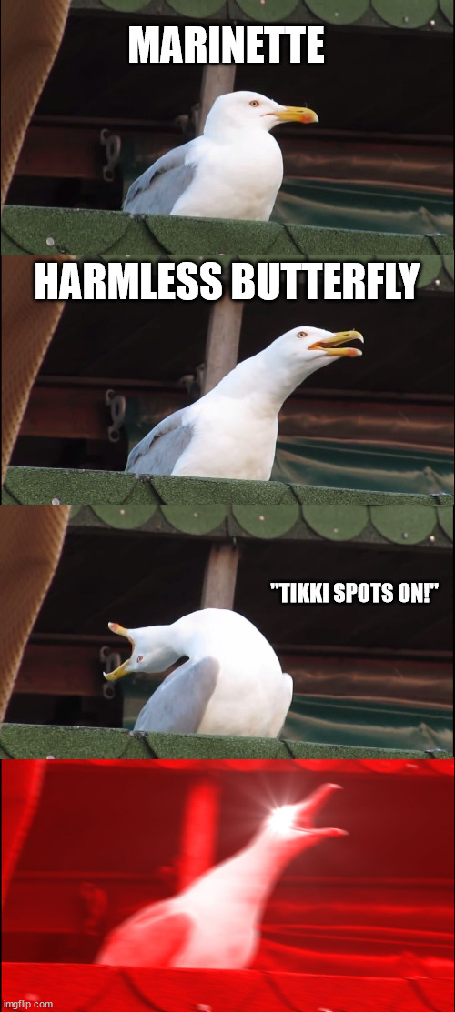 Mirculosu ladybug is paranoid | MARINETTE; HARMLESS BUTTERFLY; "TIKKI SPOTS ON!" | image tagged in memes,inhaling seagull | made w/ Imgflip meme maker