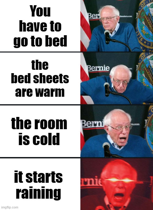 Bernie Sanders reaction (nuked) | You have to go to bed; the bed sheets are warm; the room is cold; it starts raining | image tagged in bernie sanders reaction nuked | made w/ Imgflip meme maker