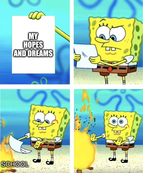 Smh | MY HOPES AND DREAMS; SCHOOL | image tagged in spongebob burning paper | made w/ Imgflip meme maker