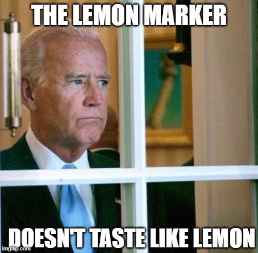Sad Joe Biden | THE LEMON MARKER; DOESN'T TASTE LIKE LEMON | image tagged in sad joe biden | made w/ Imgflip meme maker
