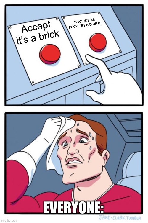 Two Buttons Meme | Accept it’s a brick THAT SUS AS FUCK GET RID OF IT EVERYONE: | image tagged in memes,two buttons | made w/ Imgflip meme maker