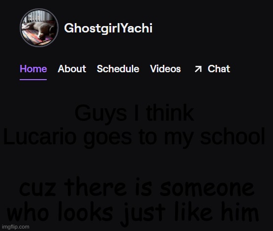 Yachi's twitch temp | Guys I think Lucario goes to my school; cuz there is someone who looks just like him | image tagged in yachi's twitch temp | made w/ Imgflip meme maker