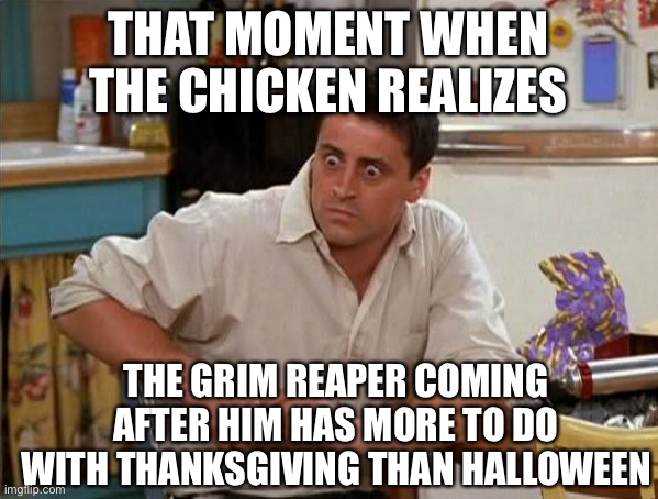 yes, i got this idea from another meme, no it is not a repost | THAT MOMENT WHEN THE CHICKEN REALIZES; THE GRIM REAPER COMING AFTER HIM HAS MORE TO DO WITH THANKSGIVING THAN HALLOWEEN | image tagged in surprised joey,dark humor,grim reaper,chicken,thanksgiving,halloween | made w/ Imgflip meme maker
