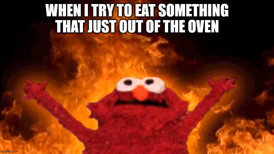 Hellmo | WHEN I TRY TO EAT SOMETHING THAT JUST OUT OF THE OVEN | image tagged in elmo fire | made w/ Imgflip meme maker