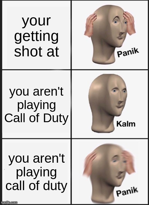 Panik Kalm Panik | your getting shot at; you aren't playing Call of Duty; you aren't playing call of duty | image tagged in memes,panik kalm panik | made w/ Imgflip meme maker